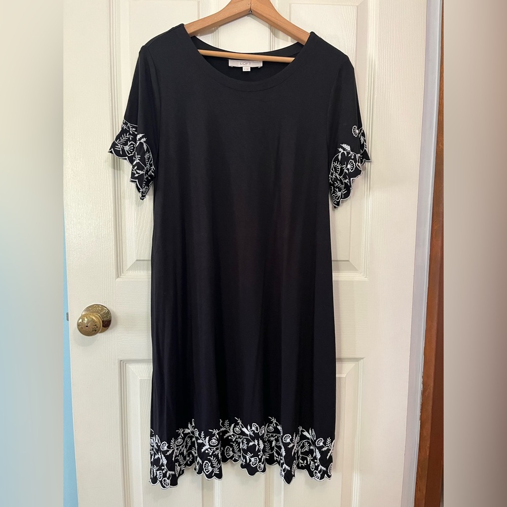 LOFT Black Dress with White Embroidery